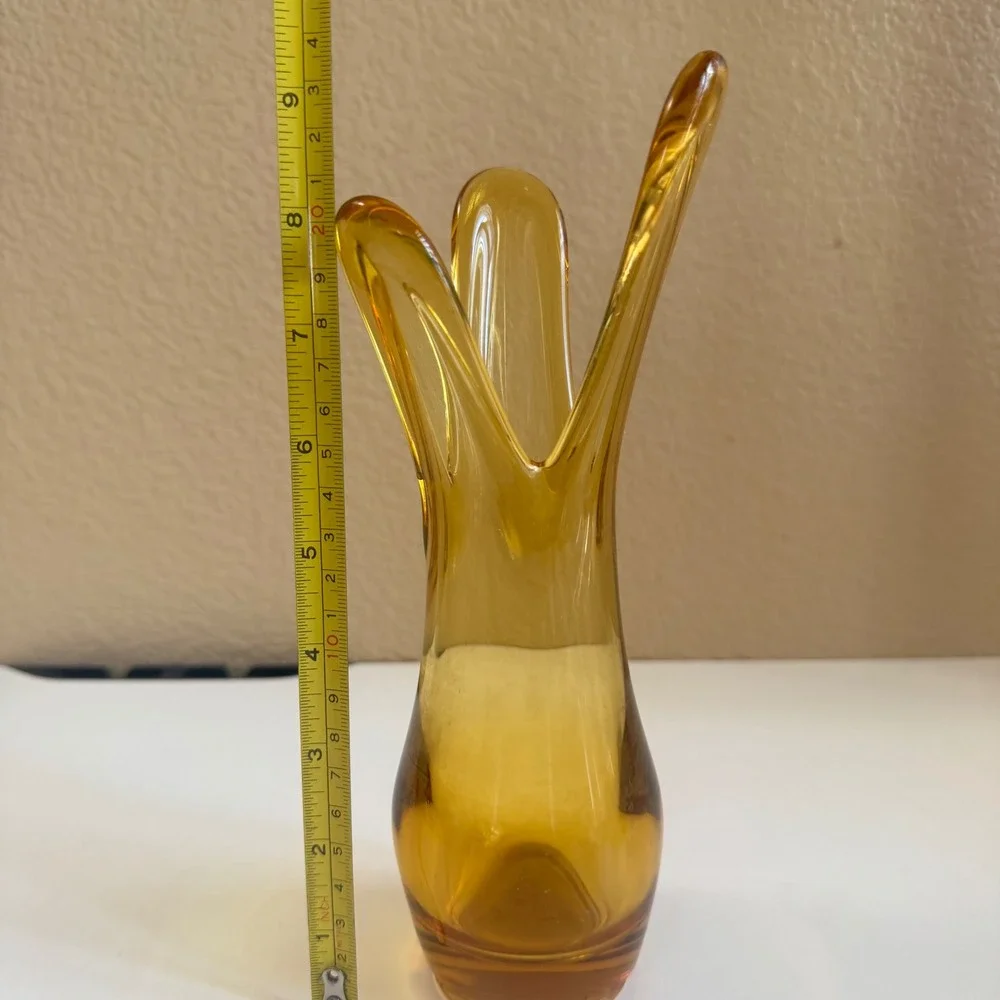 Vintage Amber Art Glass Vase Mid Century Modern Pulled Swing Tri-Corner 8.5 Inch